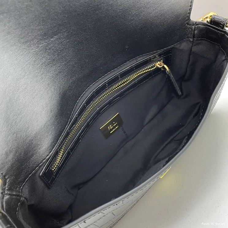 Affordable HOT Medium Black In Baguette Crocodile Bag Fendi Leather 0723